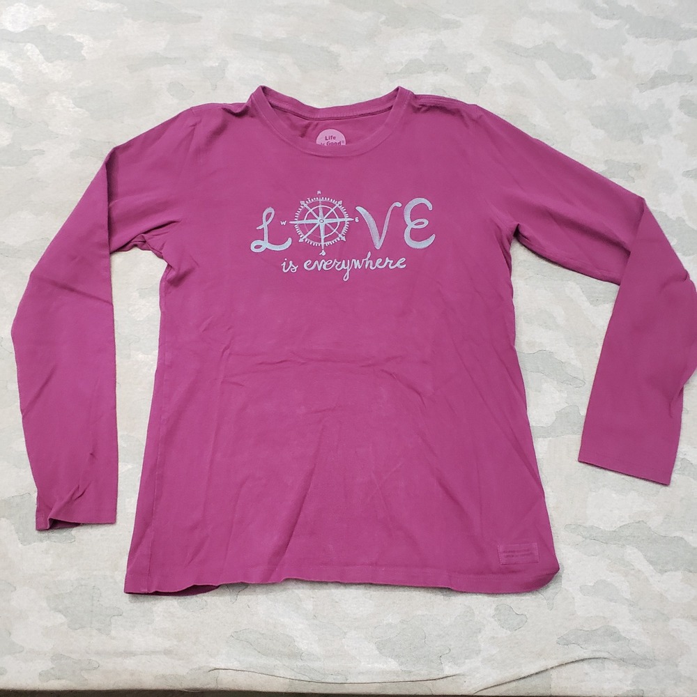 Life is Good Crusher Tee Top Women Small Purple Classic Fit Long Sleeve Nature